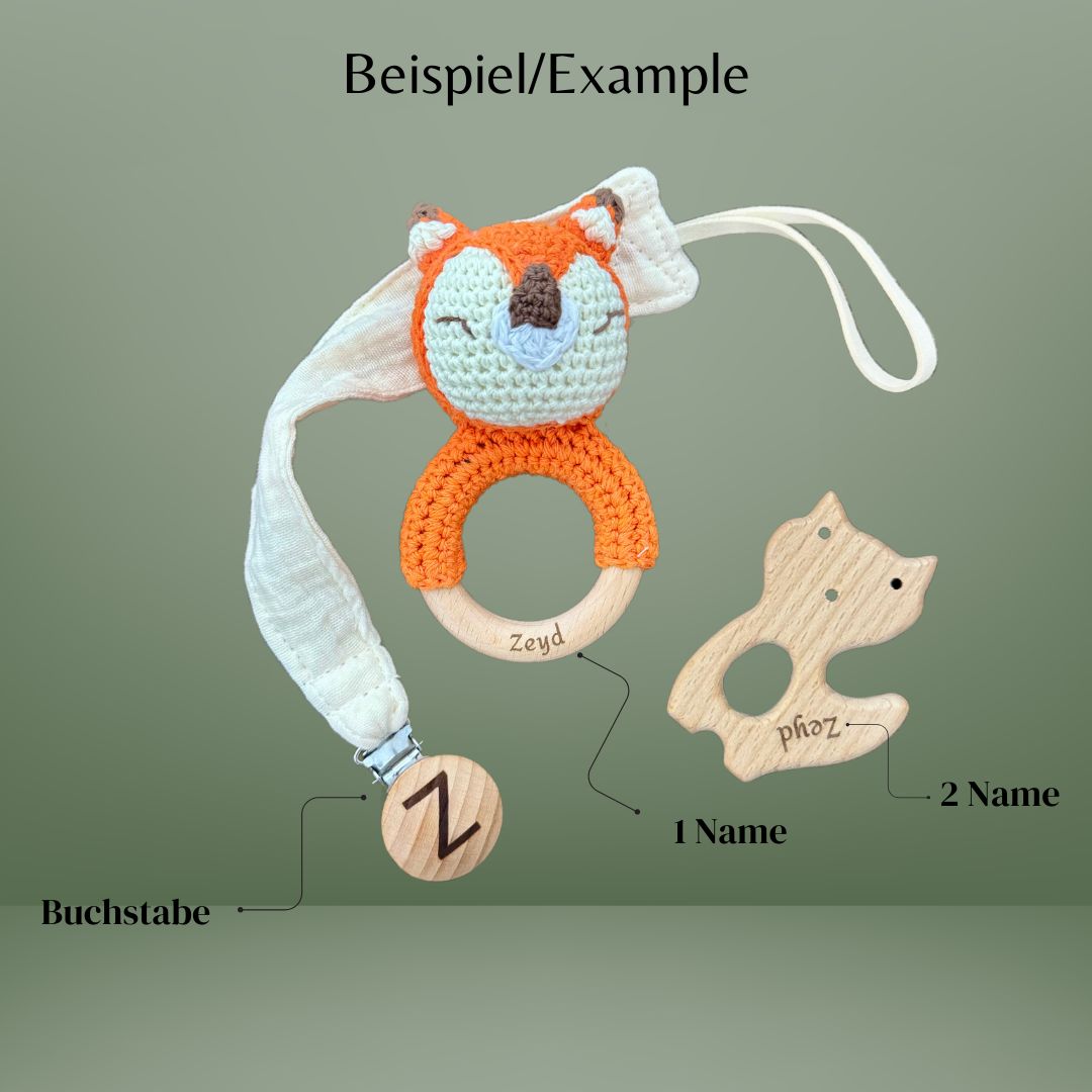 Handgemachtes Baby-Rassel-Set aus Naturholz – Individuell mit Gravur, Elch