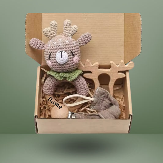 Handgemachtes Baby-Rassel-Set aus Naturholz – Individuell mit Gravur, Elch