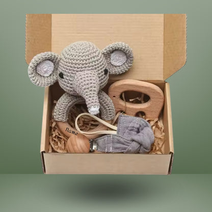 Handgemachtes Baby-Rassel-Set aus Naturholz – Individuell mit Gravur, Elefant