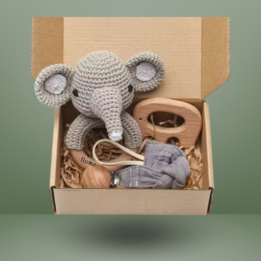 Handgemachtes Baby-Rassel-Set aus Naturholz – Individuell mit Gravur, Elefant